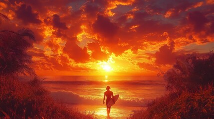 Surfer walks beach sunset, ocean waves, fiery sky