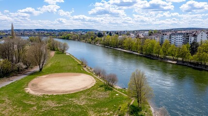 Fototapeta premium Scenic Riverbank View with Baseball Field and Greenery Under Clouds