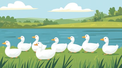 54.A flat icon-style depiction of a flock of white ducks resting in a grassy field near a serene body of water, with a focus on simplicity and clean design elements.