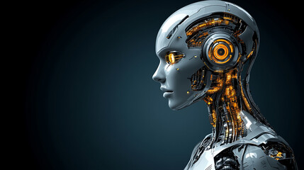 A futuristic robot head with a sleek cyberpunk helmet symbolizes advanced AI, digital evolution, and the fusion of humanity with technology. The modern bright background conveys innovation and progres