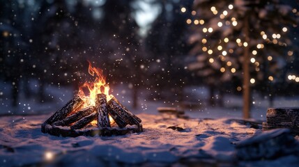 A romantic winter bonfire scene with flickering flames casting a warm glow over a snowy setting.