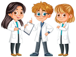 Fototapeta premium Three cartoon scientists with clipboards and glasses