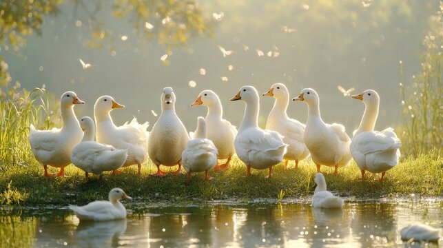 59.A group of white ducks in various relaxed poses on a gently sloping grassy area near a serene pond, with sunlight glinting off the water and faint hints of nearby wildlife in the background.