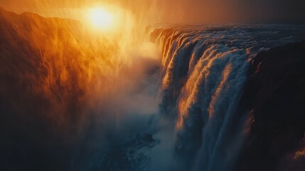 Majestic Waterfall Plunging into Mist at Sunset Golden Light Illuminating the Natural Wonder