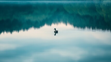Fototapeta premium 24.A lone mallard duck paddling gracefully on a mirror-like lake, its reflection perfectly mirrored below, set against a backdrop of soft ripples and distant greenery.
