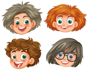 Four smiling cartoon faces with unique hairstyles