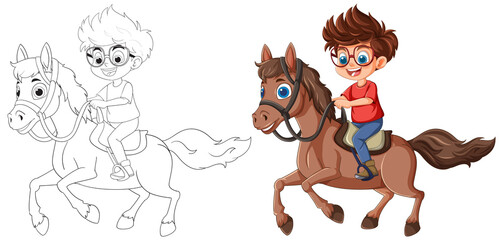 A joyful child riding a playful cartoon horse
