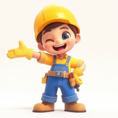 Smiling 3D Cartoon Construction Worker Boy: Welcoming and Ready to Help