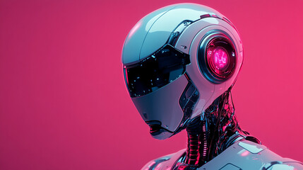 A futuristic robot head with a sleek cyberpunk helmet symbolizes advanced AI, digital evolution, and the fusion of humanity with technology. The modern bright background conveys innovation and progres