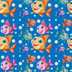 Vibrant fish swimming with bubbles in blue water