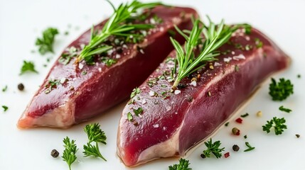 75.A close-up of raw duck breast fillets with visible marbling, garnished with sprigs of fresh rosemary and finely chopped parsley, isolated on a white background.