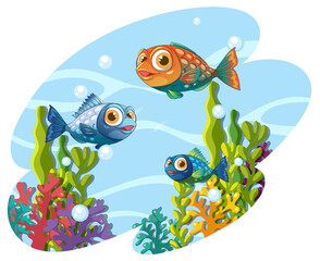 Three fish swimming among colorful coral and bubbles