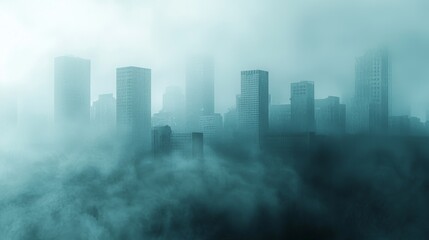 Fototapeta premium Foggy Urban Landscape with Skyscrapers in Mysterious Atmosphere and Diffused Light