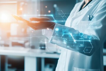 A team of scientists analyzing data on a transparent digital screen in lab