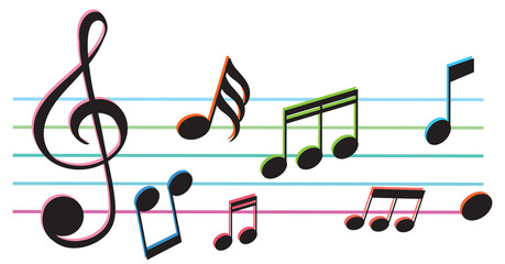 Vibrant music notes on a colorful staff