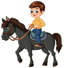 A cheerful boy riding a friendly black horse