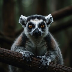 Fototapeta premium Ringtailed Lemur Portrait in Dark Forest