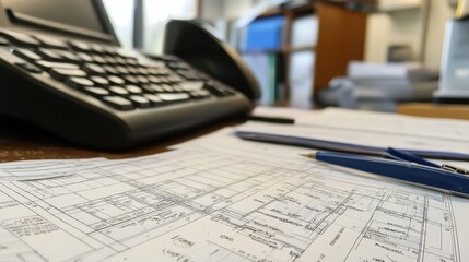 Detailed blueprints and office tools lay on a desk. Illustrates architectural planning and design process.