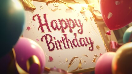 A festive and vibrant close-up of a 'Happy Birthday' card surrounded by balloons