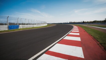 Scenic Curved Race Track with Colorful Barrier and Trees Under Bright Sunlight From Low Angle