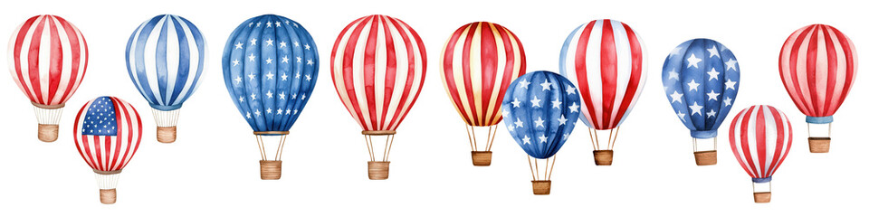 Obraz premium Patriotic hot air balloons in red, white, and blue colors create festive atmosphere, isolated on transparent background.