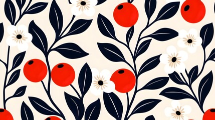 Vibrant Floral Pattern with Red Berries and White Flowers on Cream Background