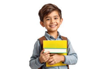 Portrait of a young schoolboy holding school books, isolated on a transparent background