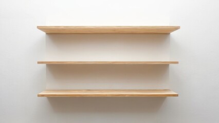 Minimalist wooden shelves on white wall in horizontal alignment, with smooth lightcolored finish and elegant design.