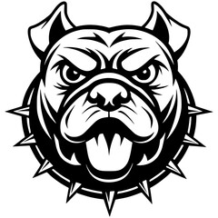 An aggressive bulldog head is in a striking black and white silhouette with a tough expression and spiked collar. Great for sports teams, esports branding, digital artwork, vector mascot