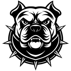 An aggressive bulldog head is in a striking black and white silhouette with a tough expression and spiked collar. Great for sports teams, esports branding, digital artwork, vector mascot