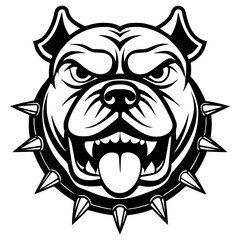 An aggressive bulldog head is in a striking black and white silhouette with a tough expression and spiked collar. Great for sports teams, esports branding, digital artwork, vector mascot