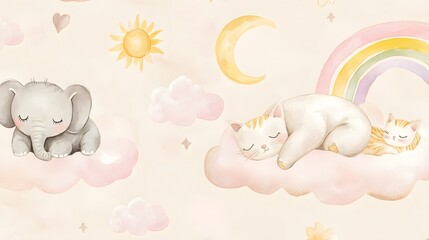 Dreamy watercolor illustration with sleeping animals on fluffy clouds