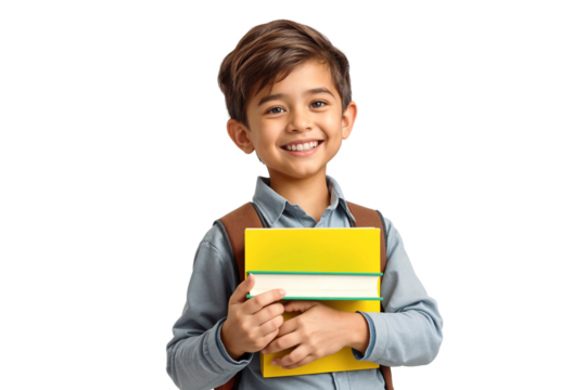 Portrait of a young schoolboy holding school books, isolated on a transparent background