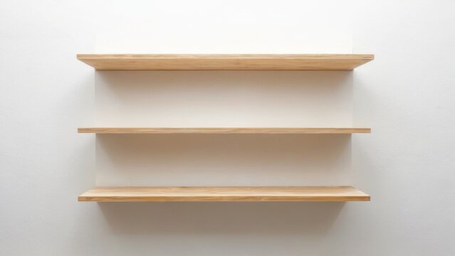 Minimalist wooden shelves on white wall in horizontal alignment, with smooth lightcolored finish and elegant design.