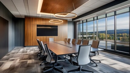 Fototapeta premium Modern Conference Room Interior with Large Windows and Wooden Accents