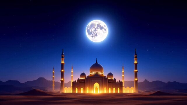 A cinematic video capturing the beauty of Ramadan, featuring glowing lanterns, family iftar, Quran reading, and a serene mosque under a peaceful night sky, radiating faith and unity