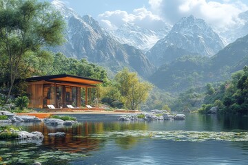 Naklejka premium Mountain lake house serenity escape