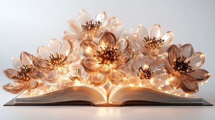 Fototapeta premium Illuminated glass flowers bloom from open book, white background, peaceful scene, ideal for book covers