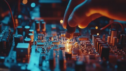 Close-up of hand soldering a circuit board. Illustrates technology repair, electronics, and innovation.