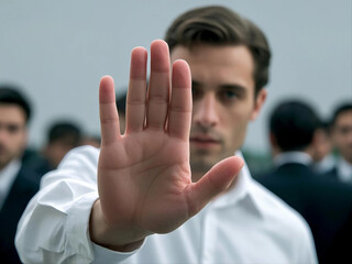 Fototapeta premium Businessman hand stop sign. refusing to take bribe, anti-corruption laws in action, ban or prohibition gesture, rejecting offer, Never, no compromise,stop,rejection