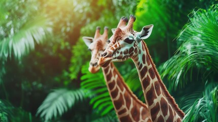 Obraz premium Giraffes in Tropical Paradise: Two majestic giraffes stand side-by-side amidst lush tropical foliage, bathed in the warm sunlight filtering through the leaves.