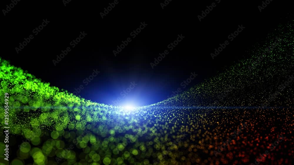 Sticker looped 3d colorful particles travel slow motion background with flickering light animation.