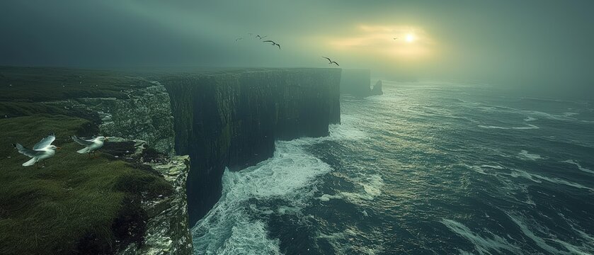 Dramatic Cliffside View Overlooking Ocean with Misty Atmosphere and Sunset Lighting