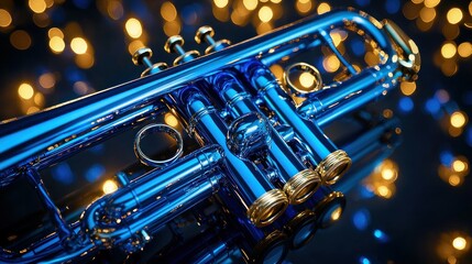 Fototapeta premium Blue trumpet, bokeh lights, stage, musical instrument