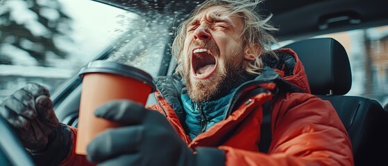 Fototapeta premium Frustrated Man with Blonde Hair Spills Coffee While Driving in Car Captured in Dramatic Moment Amidst Winter Scenery