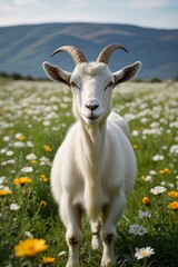 Obraz premium there is a goat that is standing in the grass with flowers