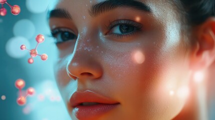 A young woman’s flawless skin radiating vitality with floating molecular structures
