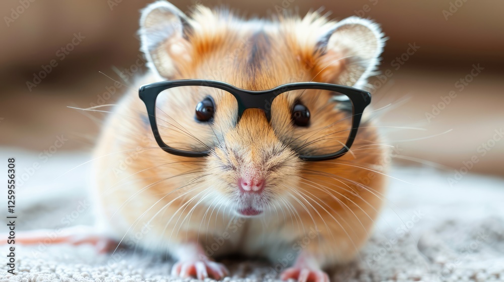 Wall mural A cute hamster wearing glasses, sitting on a soft surface, with a cozy background suggesting a home environment