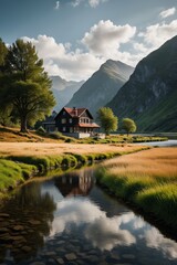 Fototapeta premium there is a house on the bank of a river in the mountains