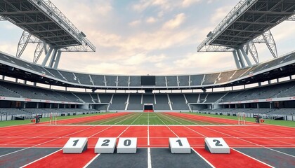 Empty Stadium Ready for the Race, Modern Architecture and Athletic Track
